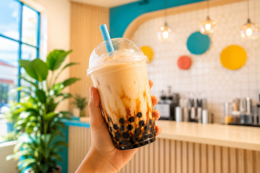 A hand holding a bright Bubble Tea Shop boba drink
