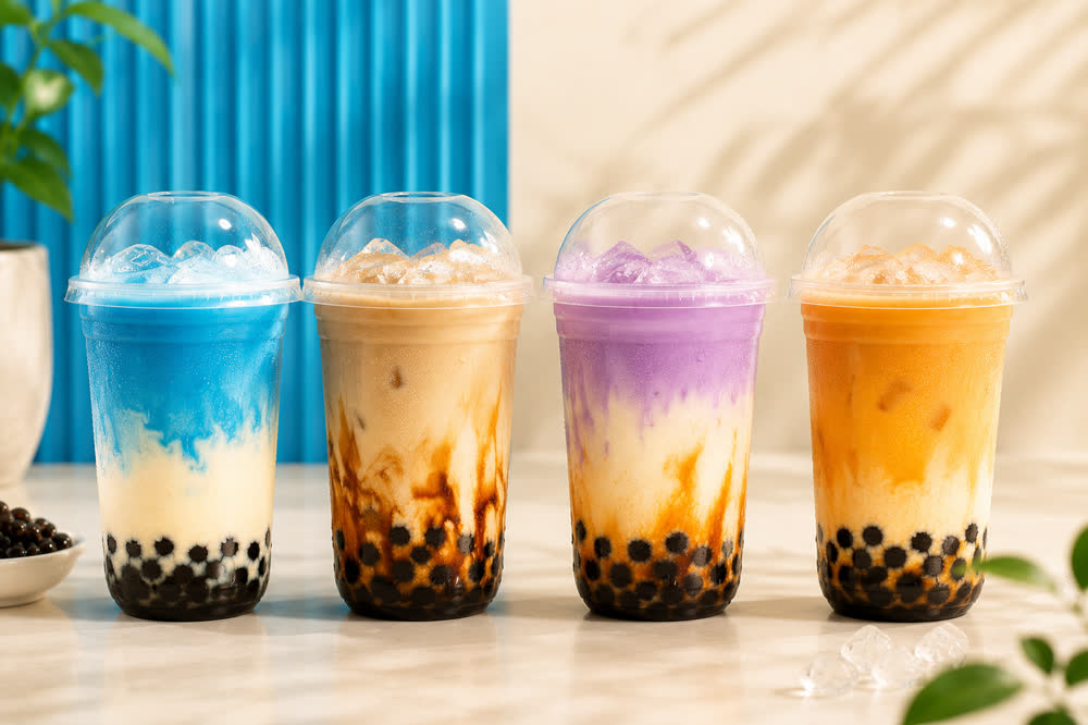 A lineup of Bubble Tea Shop signature boba drinks