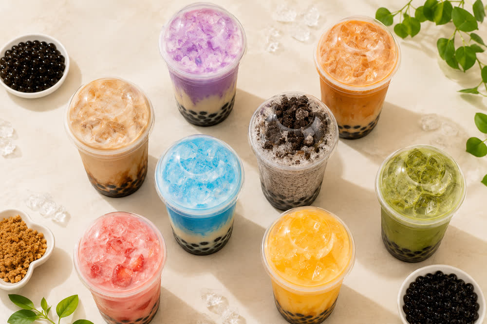 A flat-lay of Bubble Tea Shop drinks and toppings