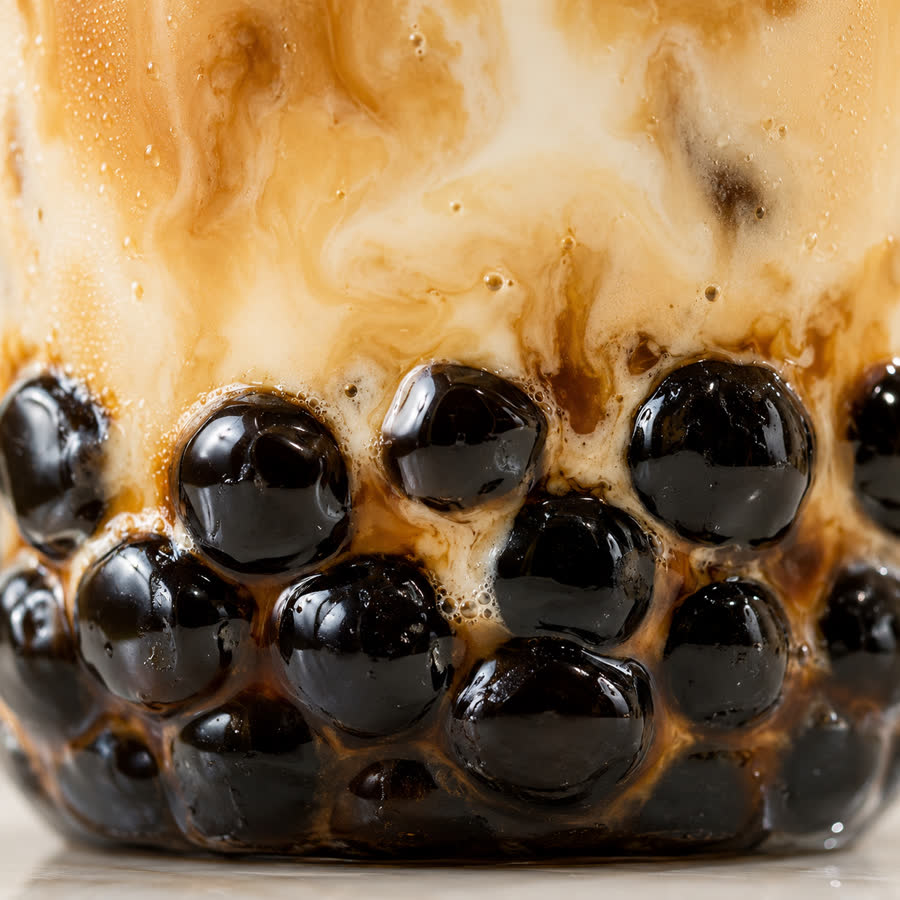 Close-up of glossy tapioca boba pearls