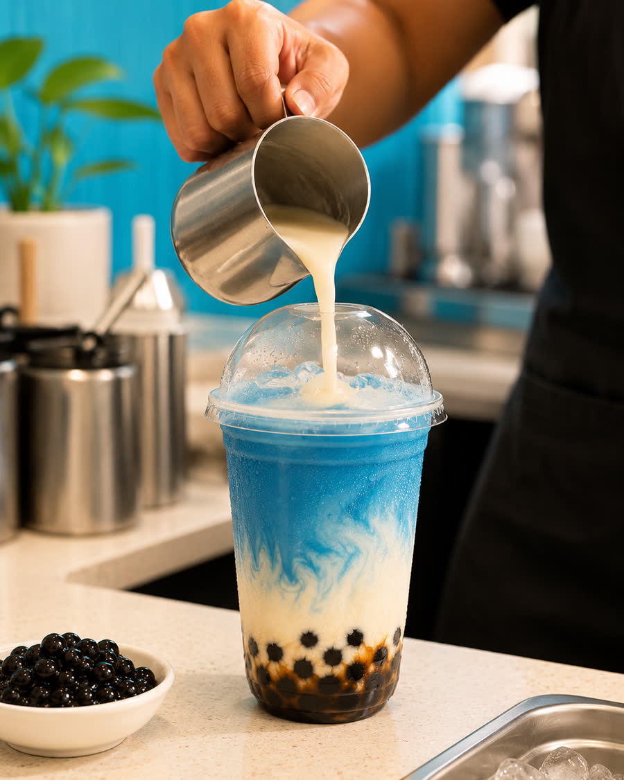 Pouring and topping a fresh Bubble Tea Shop drink