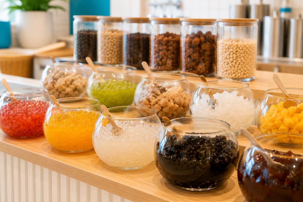 The Bubble Tea Shop topping bar with tapioca pearls, jelly and popping boba
